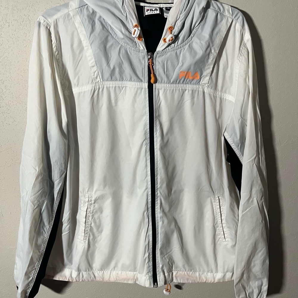 Men’s FILA Sport Athletic White Full Zip Hooded Windbreaker Jacket Size XL